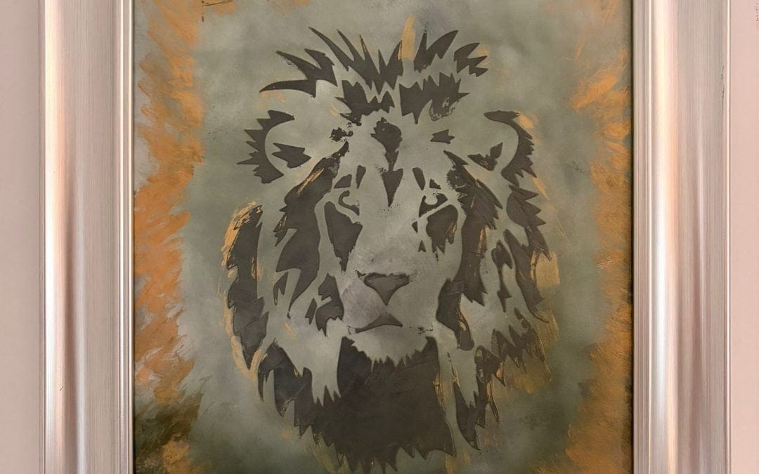 Stylized lion portrait in a silver frame, modern wall art decor.