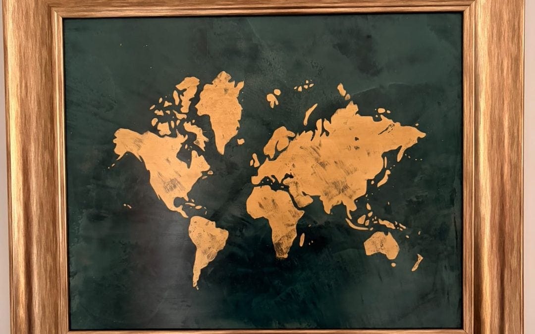 Gold World Map on Teal Venetian Plaster